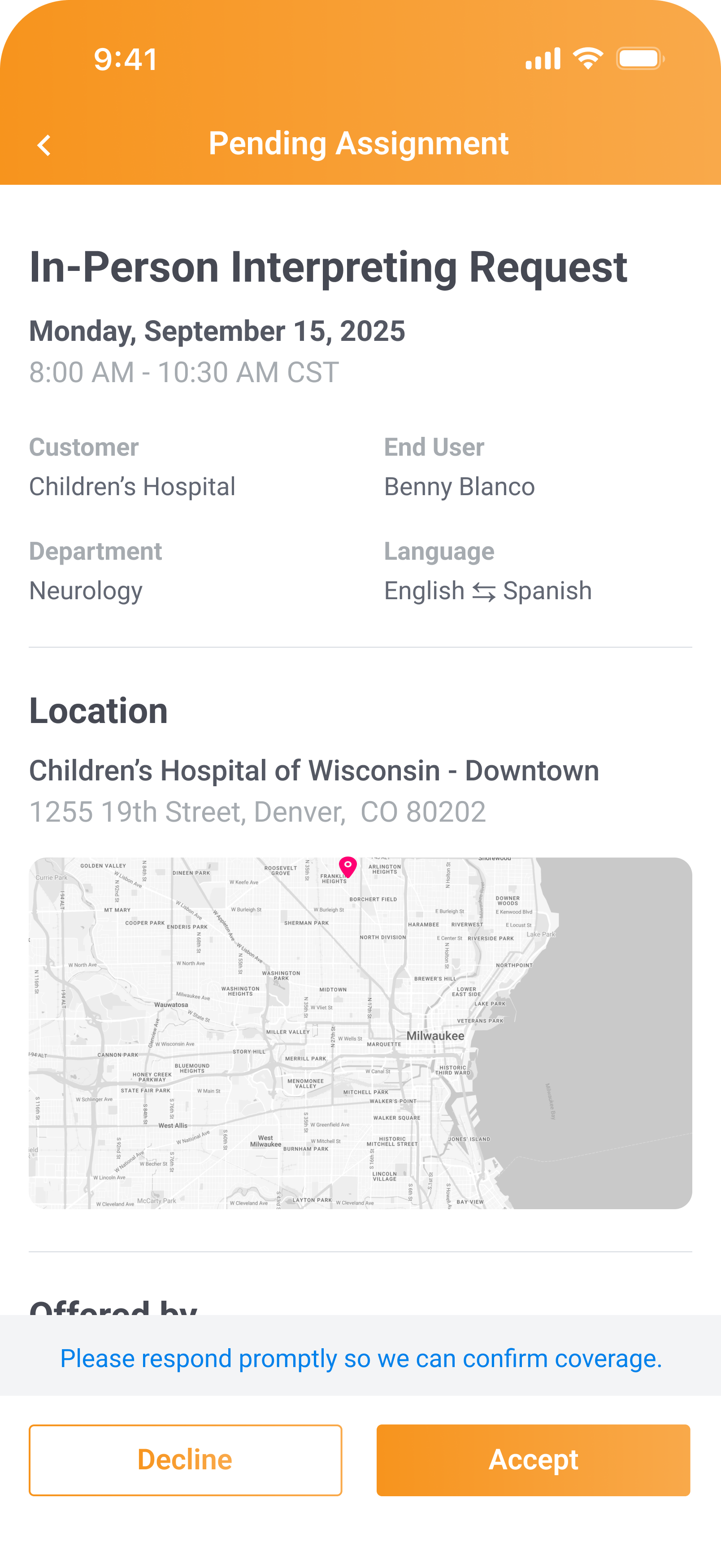 Offer sheet interface showing assignment details with accept and decline options